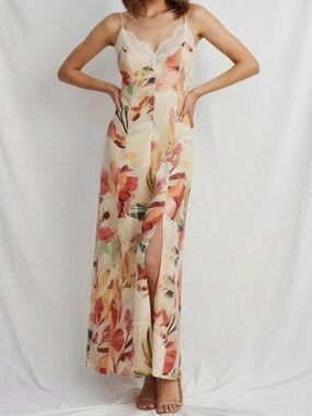 HUTCH Baldwin Sleeveless Lace-Trim V-Neck Slip Maxi Dress, Orange Pattern, Small